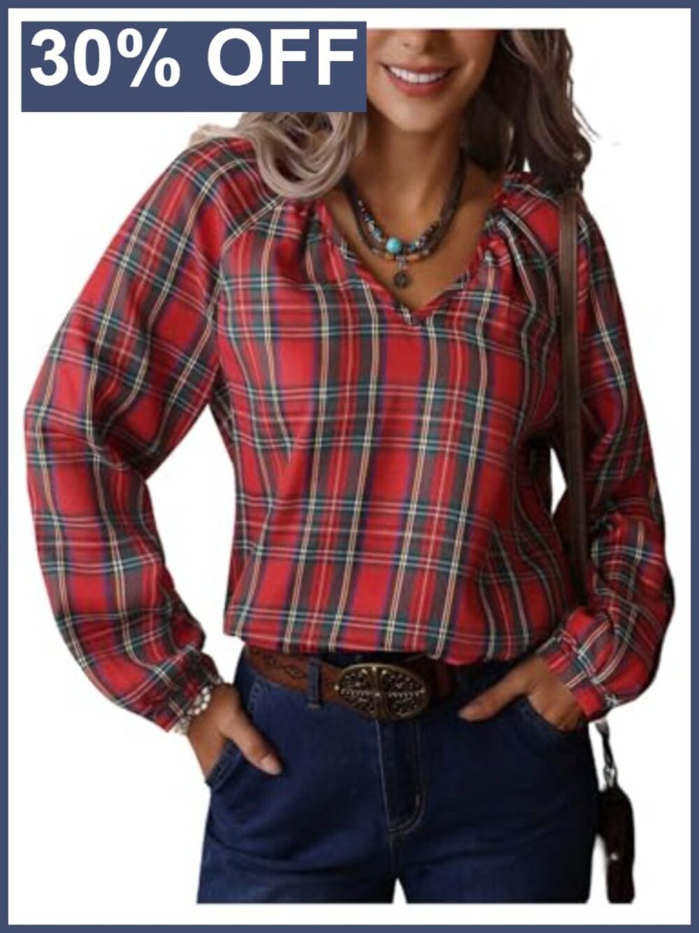 Women's Plaid Blouse V Neck Long Sleeve Top